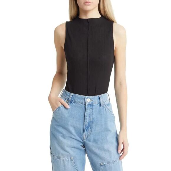 BP Womens Front Seam Bodysuit Small Black Ribbed Knit Sleeveless Funnel Neck Top - Picture 2 of 13